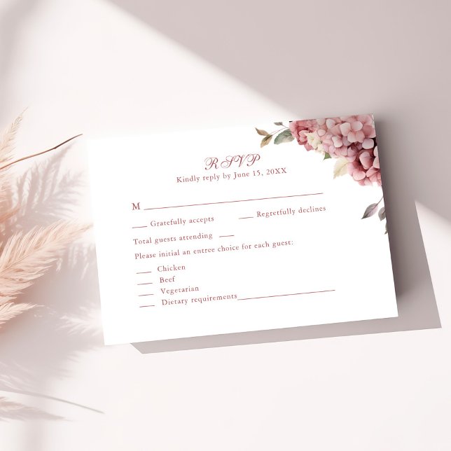 Dusty Rose Hydrangea Wedding RSVP Card Karte (Dusty Rose Hydrangea Wedding RSVP Card on a sunny table with dry botanicals)