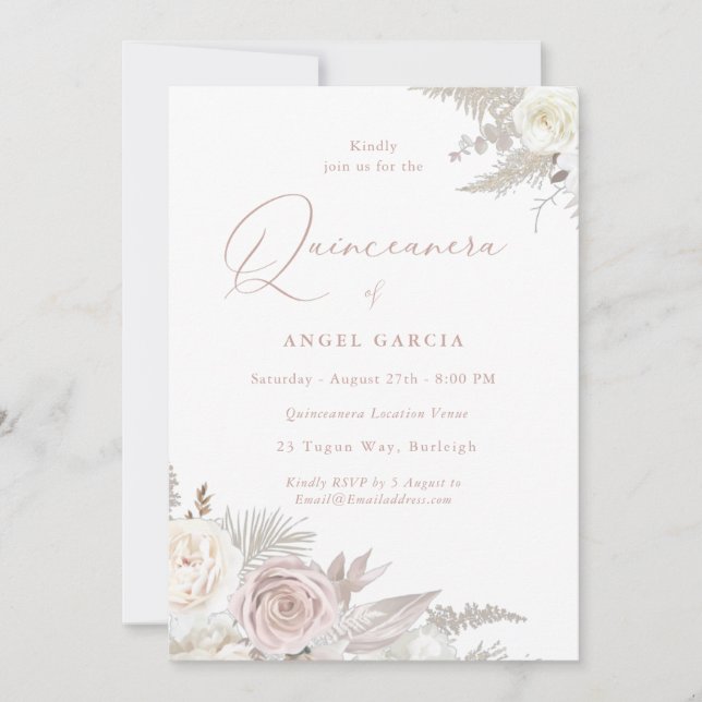 Dusty Rose & Ivory Elegantes Quinceanera Party Einladung (Vorderseite)