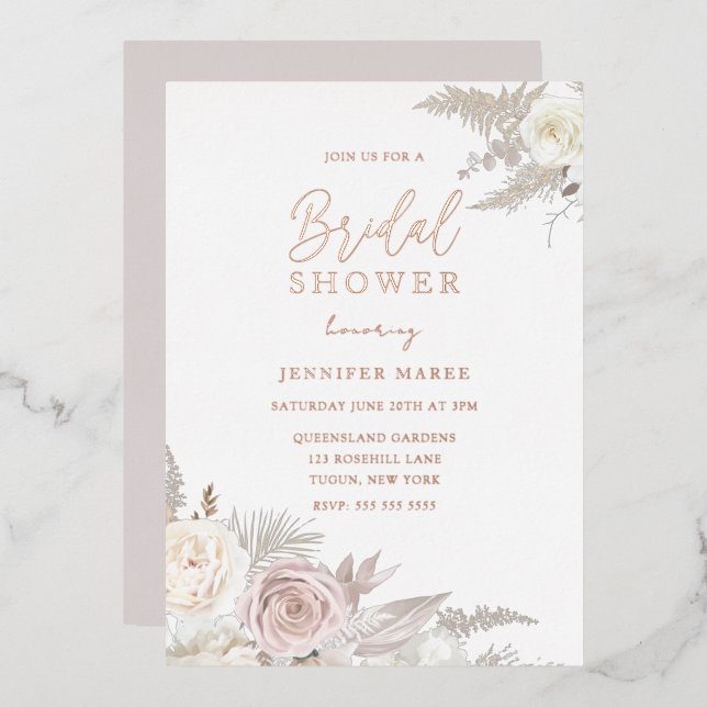 Dusty Rose & Ivory Floral Brautparty Rose Gold Folieneinladung (Vorderseite/Rückseite)