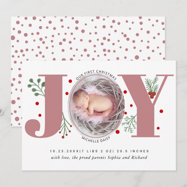 Dusty Rose Joy Erste Weihnachtsgeburt Foto Ankündigung (Vorne/Hinten)