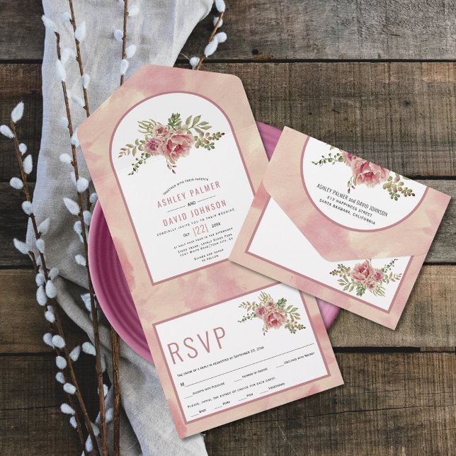 Dusty Rose Kaktus Blume, Blätter Blumenhochzeit a All In One Einladung (Von Creator hochgeladen)