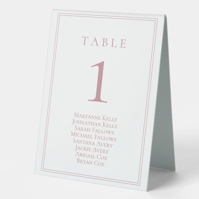 Dusty Rose Klassische Tischnummer mit Seating Char Tischaufsteller (Vorderseite)