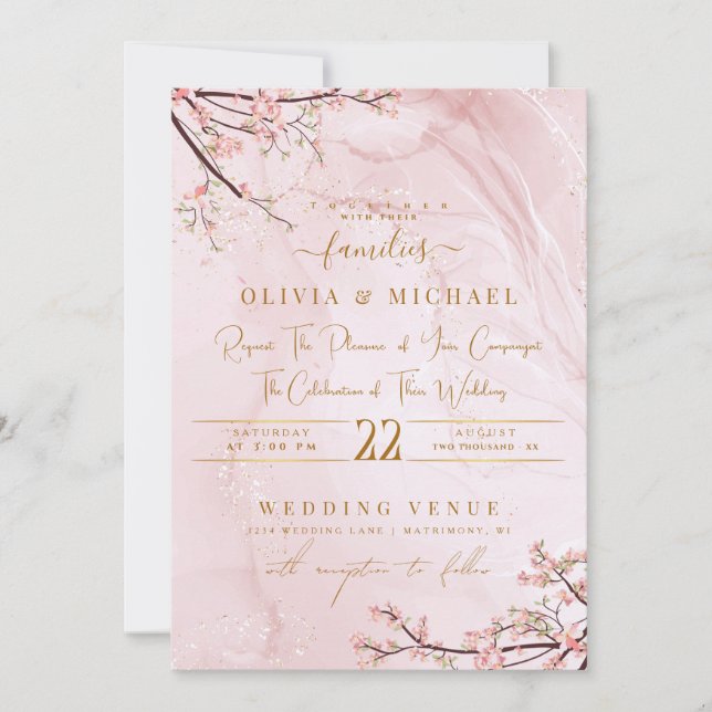 DUSTY ROSE MARBLE GOLD ABSTRAKTE BLUMEN WEDEN EINLADUNG (Vorderseite)