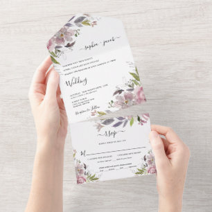 Dusty Rose Mauve Blush Pink Bloral Wedding All In One Einladung