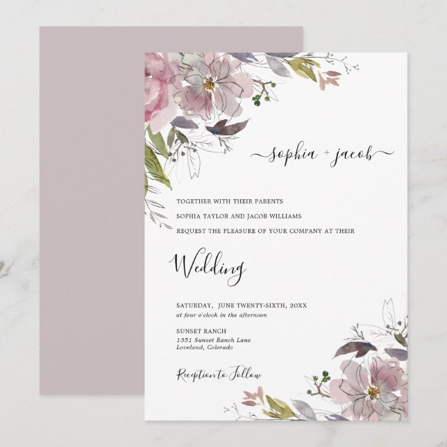 Dusty Rose Mauve Blush Pink Bloral Wedding Einladung (Vorne/Hinten)