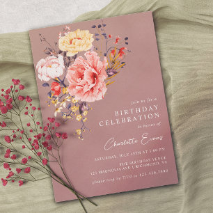 Dusty Rose Mauve   Elegant Boho Floral Geburtstag Einladung