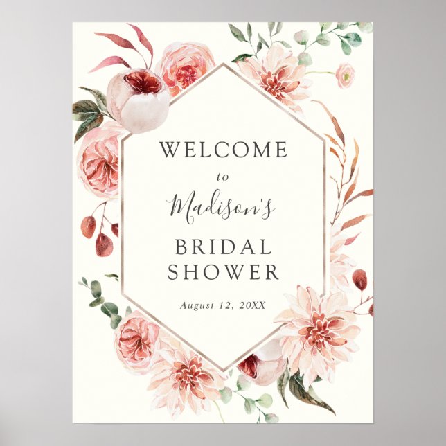 Dusty Rose Mauve Florals und Grüne Begrüßungszeich Poster (Vorne)
