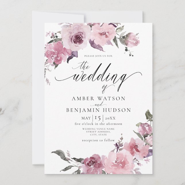 Dusty Rose Mauve Pink Blush Bloral Wedding Einladung (Vorderseite)