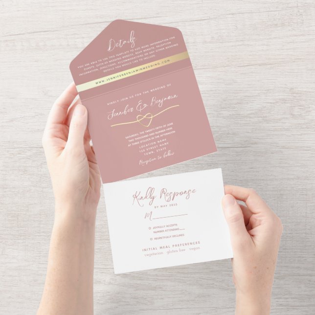 Dusty Rose Minimalistisch Wedding All In One Einladung (Abreißen)