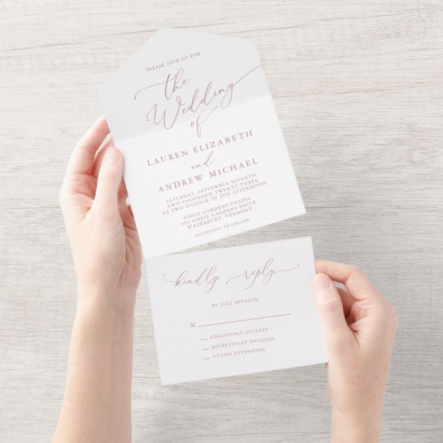 Dusty Rose Minimalistisch Wedding All In One Einladung (Abreißen)