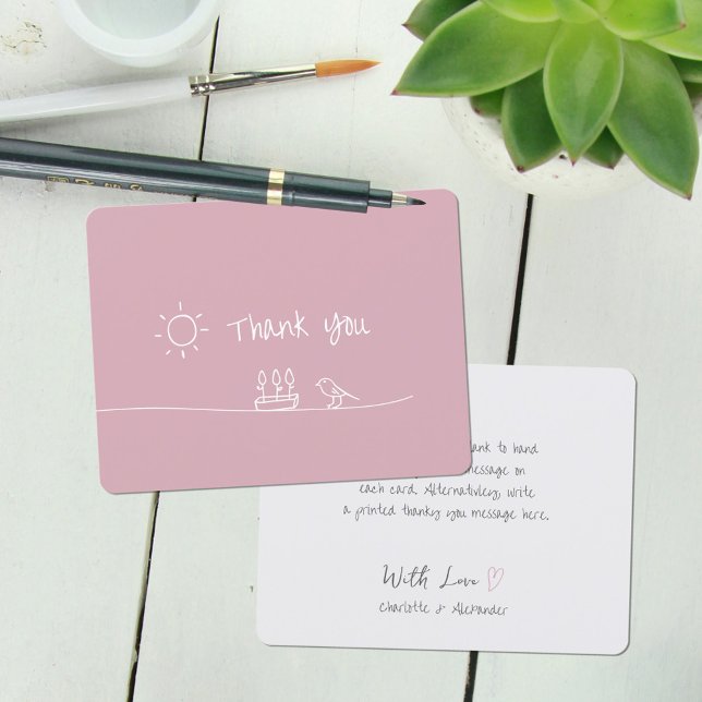 Dusty Rose Minimalistische Blume Bird Sun Zeichnen Dankeskarte (Dusty Rose Minimalist Flowers Bird Sun Drawing Thank You Card ©Susanne Sachers - Sunny Mind 🌞)