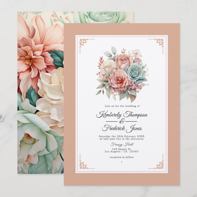 Dusty Rose, Minze Green und Blush Floral Wedding Einladung (Vorne/Hinten)