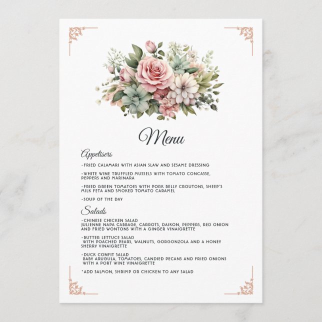 Dusty Rose, Minze Green und Blush Floral Wedding Menükarte (Vorderseite)