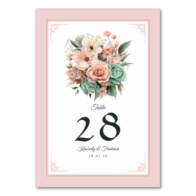 Dusty Rose, Minze Green und Blush Floral Wedding Tischnummer (Vorderseite)