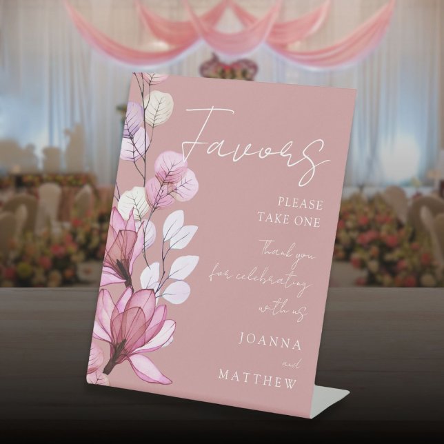 Dusty Rose Moderne, transparente Blumenfavoriten Sockelschild (Dusty Rose Modern Transparent Floral Favors Pedestal Sign)