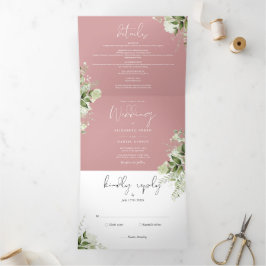 Dusty Rose Modernes Botanisches Grün Foto Hochzeit Dreifach Gefaltete Einladung
