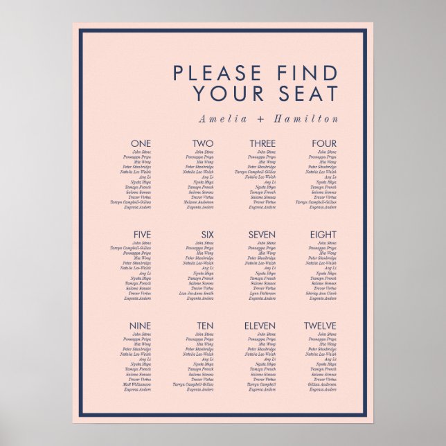 Dusty Rose & Navy Moderne Minimal Hochzeitssitze Poster (Vorne)