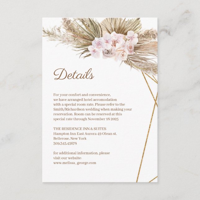 Dusty Rose Orchid Pampas Grass Gold Arch Details Begleitkarte (Vorderseite)