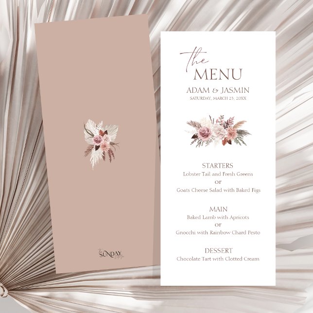 Dusty Rose Pampas Boho Wedding Menu Menükarte (Boho Dusty Pink Dried Flowers Pampas Grass Wedding Menu)