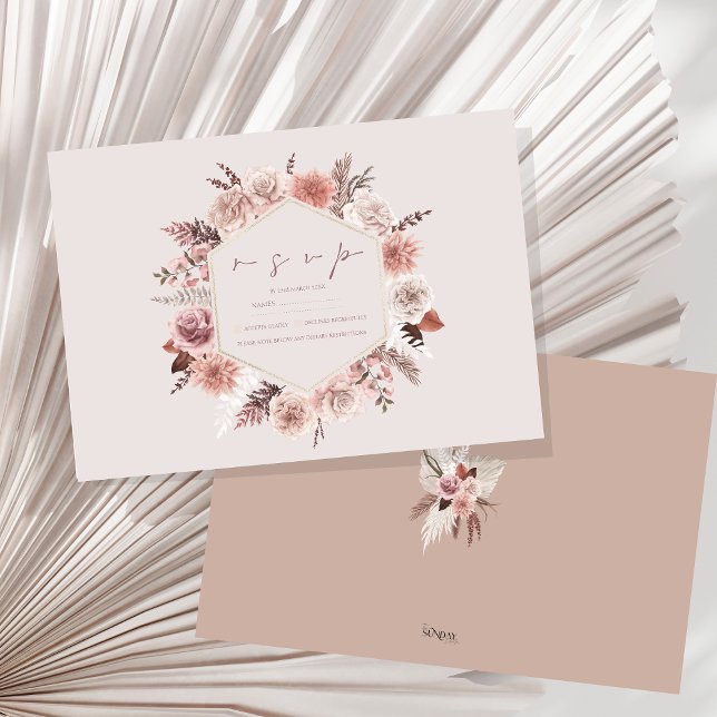 Dusty Rose Pampas Boho Wedding RSVP Karte (Boho Dusty Pink Dried Flowers Wreath Wedding RSVP Card)