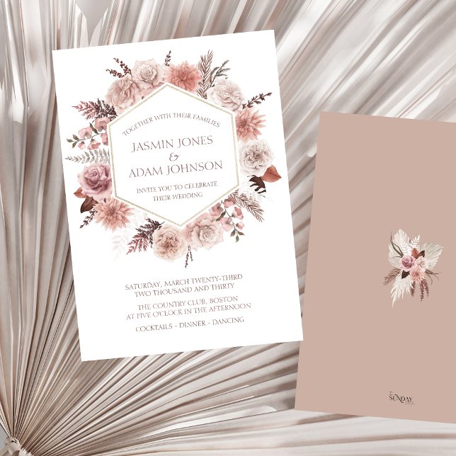 Dusty Rose Pampas Grass Boho Wedding Einladung (Boho Dusty Pink Dried Flowers Wreath Wedding Invitation)