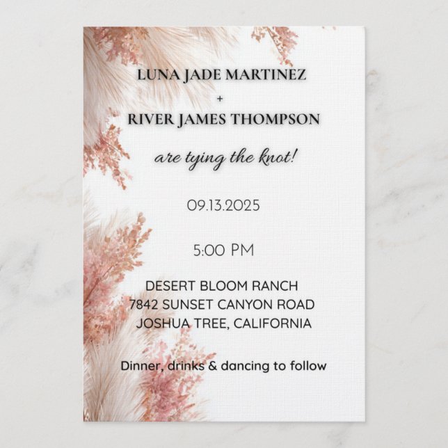 Dusty Rose Pampas Grass Wedding Invitation (Devant)