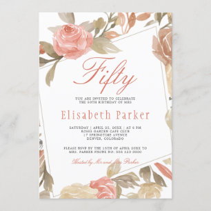 Dusty Rose Peach Cream Floral 50. Geburtstagsparty Einladung