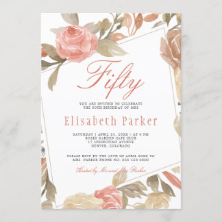 Dusty Rose Peach Cream Floral 50. Geburtstagsparty Einladung
