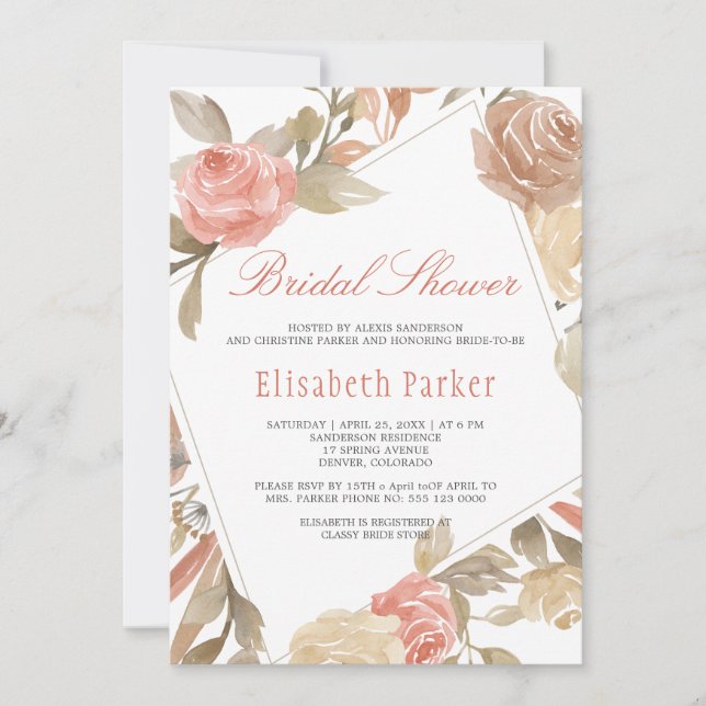 Dusty Rose Peach Cream Floral Brautparty Einladung (Vorderseite)