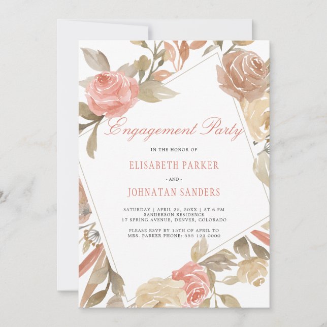 Dusty Rose Peach Cream Floral Engagement Party Einladung (Vorderseite)