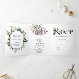 Dusty Rose Peonies Greenerity Wedding | Dreifach Gefaltete Einladung