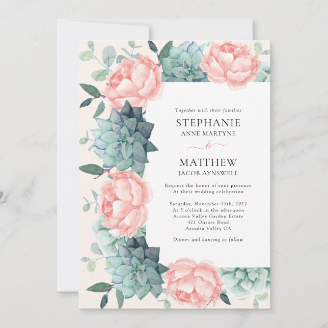 Dusty Rose Peony Succulents Eucalyptus Wedding Einladung (Vorderseite)