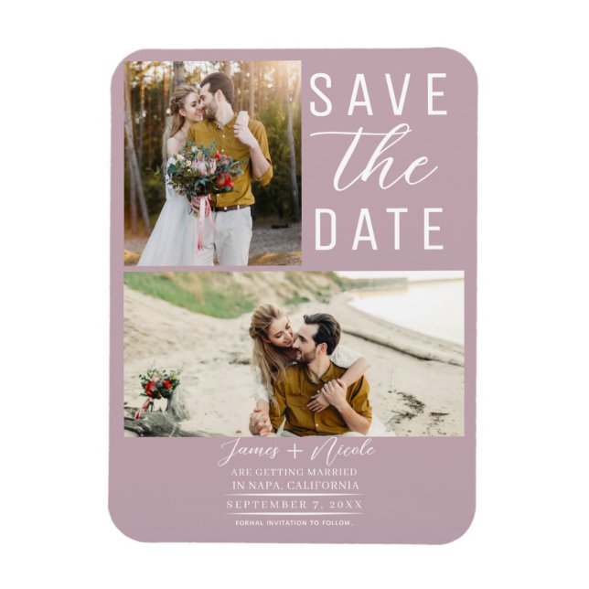 Dusty Rose Pink 2 Fotos Save the Date Hochzeit Magnet (Vertikal)