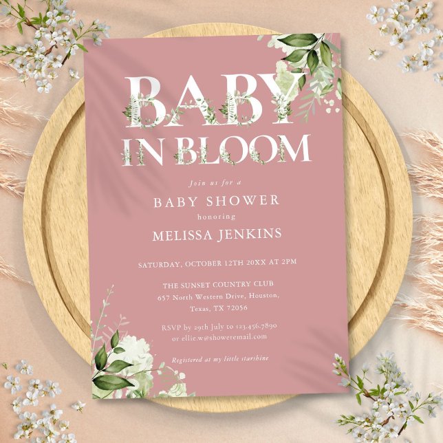 Dusty Rose Pink Baby in Bloom Greenery Kinderdusch Einladung (Dusty Rose Pink Baby In Bloom Greenery Baby Shower Invitation)