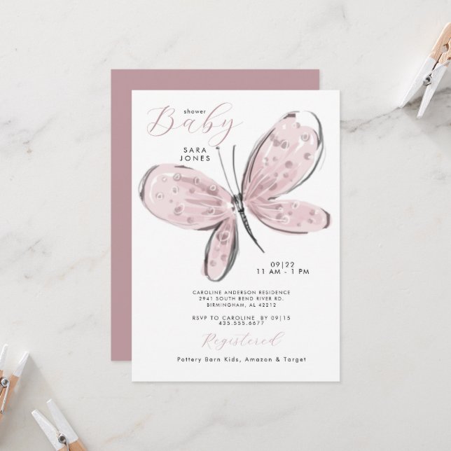 Dusty Rose Pink Butterfly Babydusche Einladung (Vorderseite/Rückseite Beispiel)