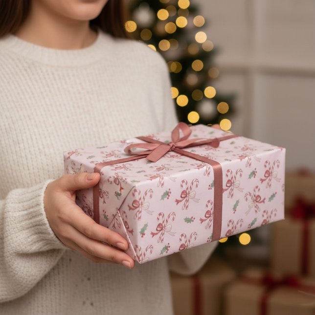 Dusty Rose Pink Candy Cane Coquette Bows Christmas Geschenkpapier (Von Creator hochgeladen)