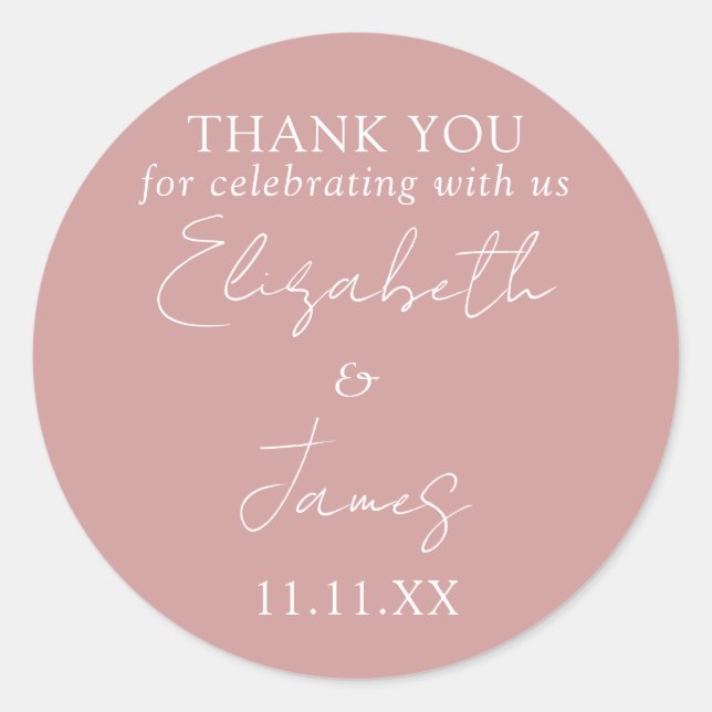 Dusty Rose Pink Elegant Script Wedding Vielen Dank Runder Aufkleber (Vorderseite)