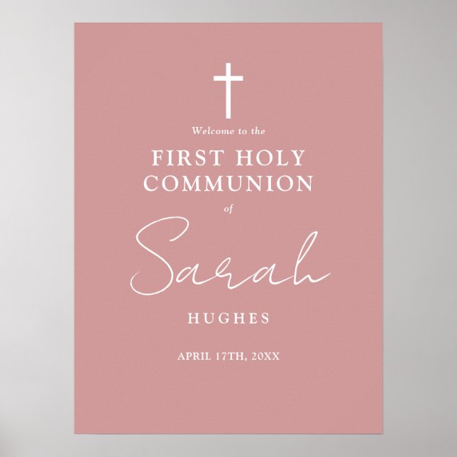 Dusty Rose Pink Erste Heilige Kommune Begrüßungsze Poster (Vorne)
