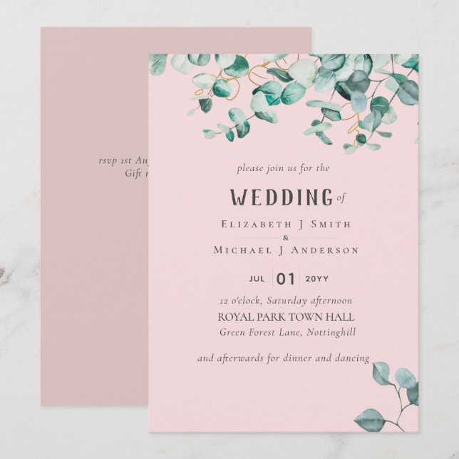 Dusty Rose Pink Eukalyptus WEDDING Einladung (Vorne/Hinten)