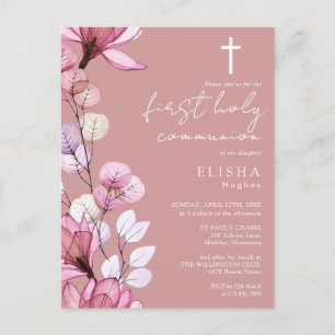 Dusty Rose Pink Floral Heilige Kommunion Einladung Postkarte