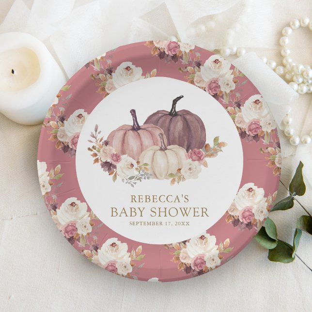 Dusty Rose Pink Floral Pumpkin Baby Dusche Pappteller (Von Creator hochgeladen)