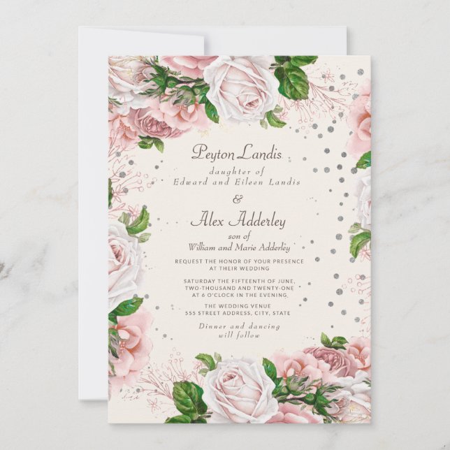 Dusty Rose Pink Floral Silver Glitzer Hochzeit Einladung (Vorderseite)