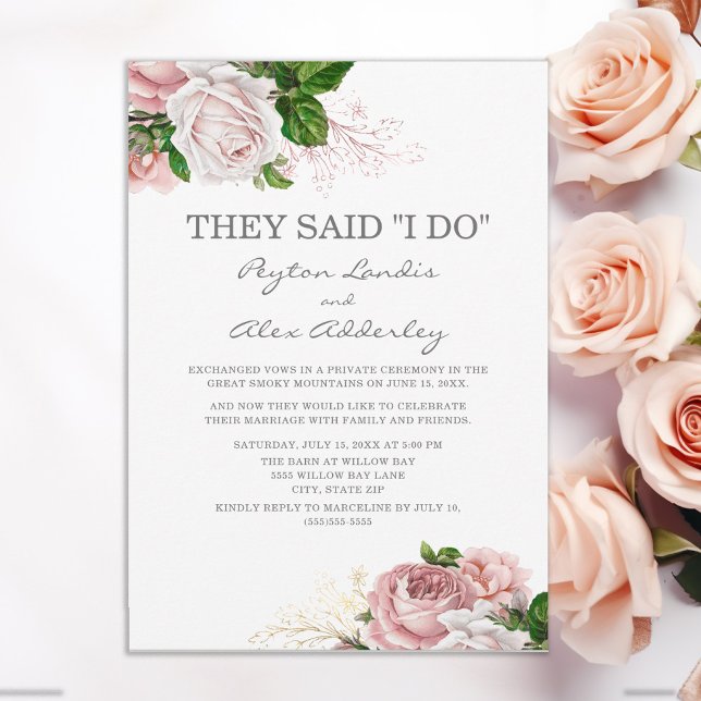 Dusty Rose Pink Floral White Elopement Empfang Einladung (Pink vintage floral wedding announcement)