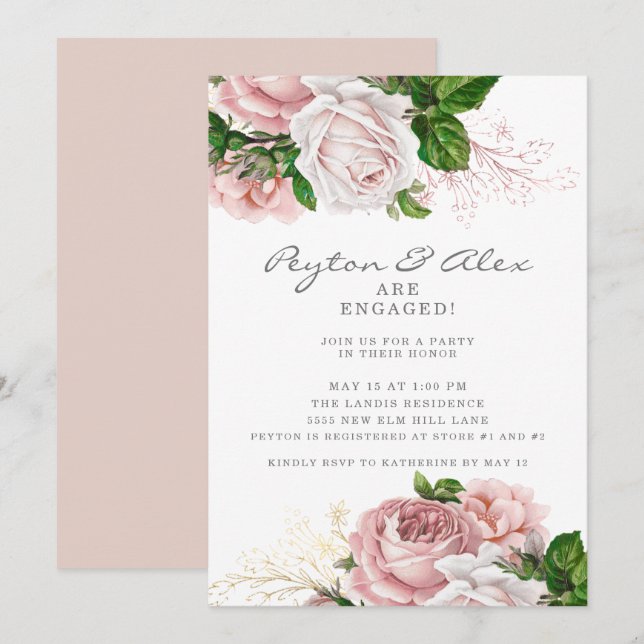 Dusty Rose Pink Floral White Engagement Party Einladung (Vorne/Hinten)