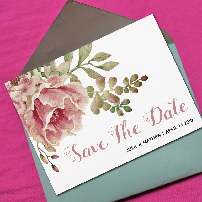 Dusty rose pink flowers wedding Save the Date  Ankündigungspostkarte (Von Creator hochgeladen)