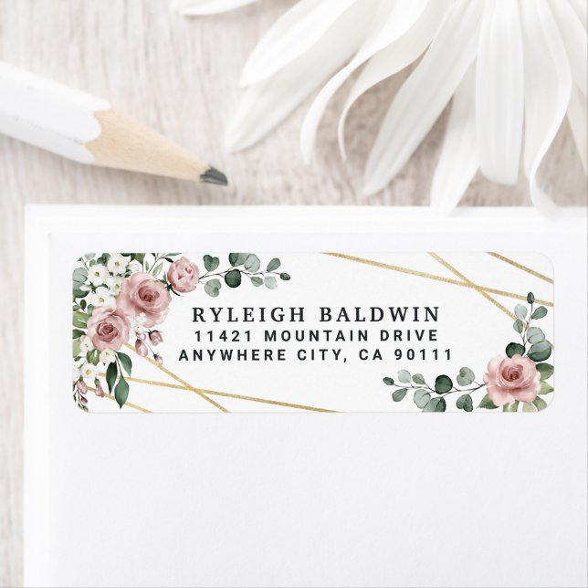 Dusty Rose Pink Gold Floral Rücksendeadresse Label (Insitu)