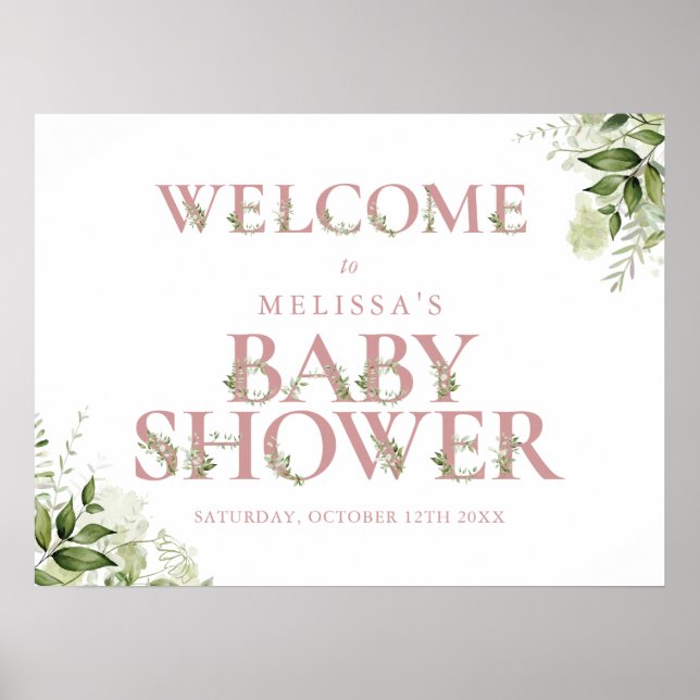 Dusty Rose Pink Greenerenery Baby Dusche Begrüßung Poster (Vorne)