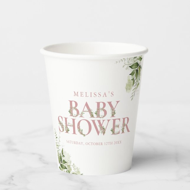 Dusty Rose Pink Greenerity Letter Baby Dusche Pappbecher (Vorderseite)