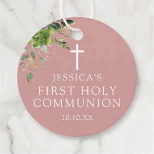 Dusty Rose Pink Greenery Erste Heilige Kommunion Geschenkanhänger