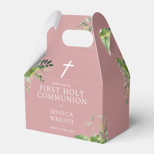 Dusty Rose Pink Greenery Erste Heilige Kommunion Geschenkschachtel (Rückseite)